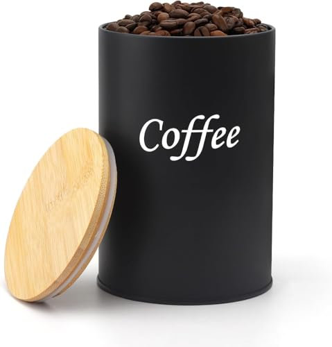 LITZEE Lata de café hermética, 500 ml, recipiente para granos de café, recipiente hermético para almacenamiento de granos de café, lata de café con tapa de madera en negro mate