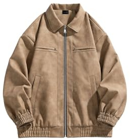 Fullneat Men's Women's Suede Bomber Jacket Oversized Retro Streetwear Zip Up Faux Leather Coat with Turn Down Collar, Unisex Casual Loose Fit Outerwear for Fall Winter Daily Wear, Travel & Outdoor L