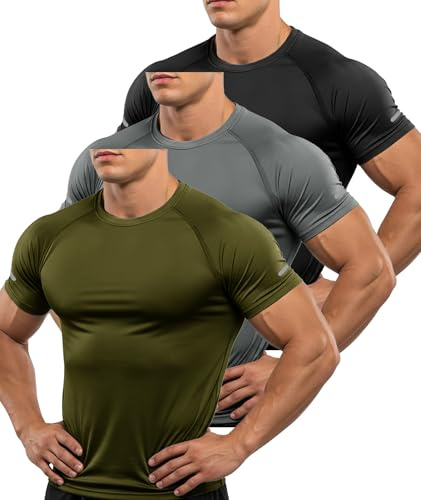 ZITY Lot de 3 T Shirt Homme Tee Shirt Sport T-Shirt à Manches Courtes Homme Séchage Rapide Tshirt de Course Léger Respirant Sportswear Running Gym Chemise Vert Armée+Gris+Noir M