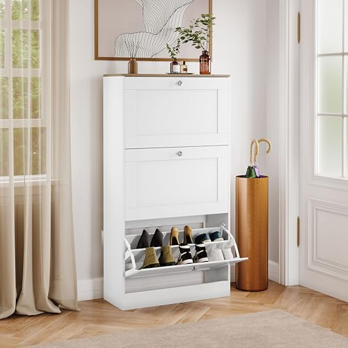 Vida Designs Altino 3 Drawer Shoe Cabinet | White & Oak | Space-Saving Storage for 15+ Pairs | 117H x 58W x 23.5D cm | Anti-Tip | Modern Hallway Unit