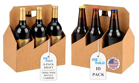 ICE N COLD® 6 Pack Bottle Carrier Kraft Cardboard – Wine & Beer Bottle Holder – Beverage Carryout Packaging for Liquor Stores, Breweries, Grocery & Retail (10, Kraft, 6-P)
