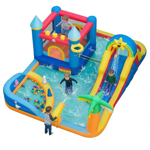 COSTWAY Castello Gonfiabile per Bambini, Grande Parco Acquatico per Bambini con Piscina, Scivolo, Parete d'Arrampicata, Palline Oceaniche e Gioco degli Anelli, per Bambini 3-12 Anni