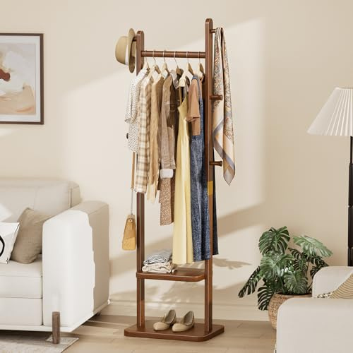 Taitiy Coat Rack Solid Wood Clothes Rack, Coat Rack Freestanding with 2 Shelves and 5 Hooks, Heavy Duty Coat Tree for Entryway, Living room, Coat Hanger Stand for Hats, Bags Clothes(Walnut Brown)