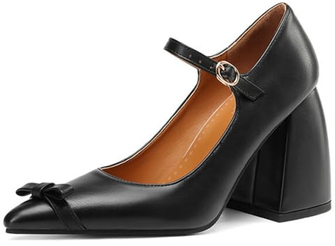 Qynthra Pumps Mary Jane Punta Afilada Lazo Tacón de Bloque Tacón Alto Pumps de Vestir Court Zapatos para Fiesta Nocturna y Eventos Formales,Negro,34 EU