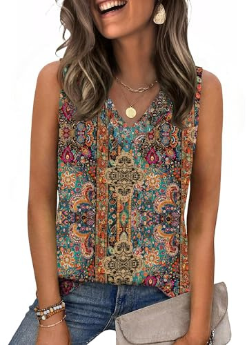 Zeagoo Debardeur Femme Col V Tops Été sans Manches Hauts Basique Lâches | Débardeurs Femme Chic et Elegant | Débardeur Décontracté | Top Amples | Tee Shirt Couleur Unie/Fleur | S-2XL