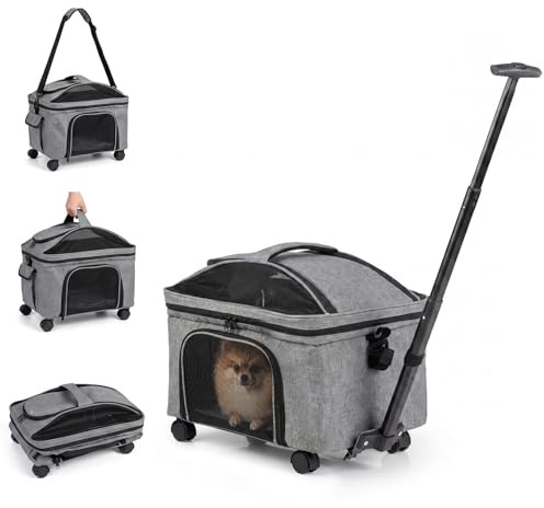 GYMAX Pet Carrier With Wheels, Foldable Soft-sided Dog Travel Crate with Telescopic Handle, Shoulder Strap, Washable Pad, Safety Leash & Storage Pocket, Rolling Cat Carrier (Gray,43 x 33 x 35 cm)