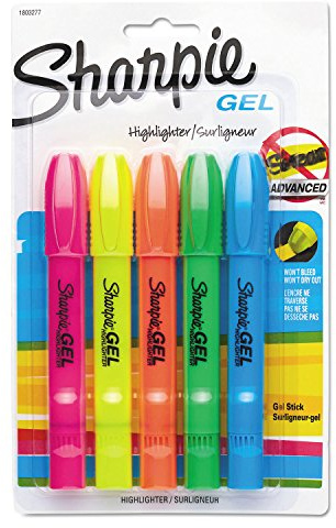 Sharpie Gel Highlighters, Bullet Tip, Assorted Fluorescent Highlighter Markers, 5 Count Pack, Smear And Bleed Resistant, Long-Lasting And Won'T Dry Out