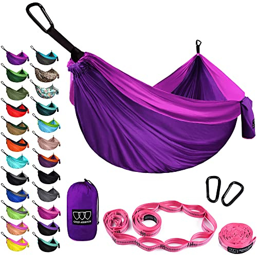 Gold Armour Camping Hammock - XL Double Hammock Portable Hammock Camping Accessories Gear for Outdoor Indoor with Tree Straps, USA Based Brand (Purple and Fuchsia)