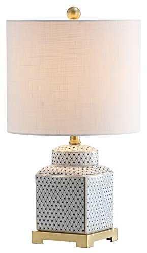 JONATHAN Y 21.5 White and Navy Blue Ceramic Ginger Jar LED Table Lamp, Modern Chinoiserie Fishnet Pattern with White Linen Shade and Brass Gold Base, LED Bulb Included JYL3043A
