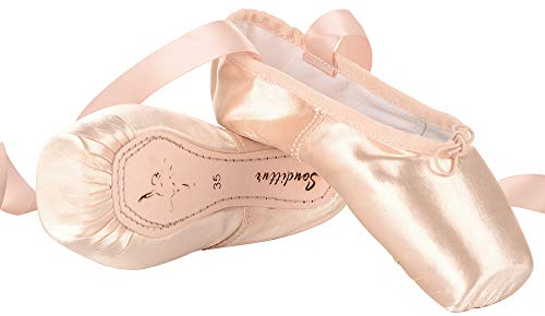 Soudittur Ballet Pointe Shoes Professional Dance Shoes Pink Ballet Flats with Ribbons and Toe Pads for Girls Women 5.5UK (Choose a Size Bigger)