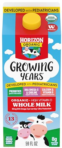Horizon Organic Growing Years Whole Milk, High Vitamin D Organic Milk for Growing Kids with DHA Omega-3, Choline, and Prebiotics, 59 fl oz Carton​