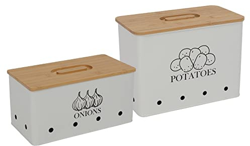 Xbopetda Potato Onion Storage Box, Food Container Sets, Storage Canisters for Vegeatables, Set of 2 Jars Pots Containers, Potato & Onion Bin with Aerating Tin Storage Holes & Bamboo Lid-White