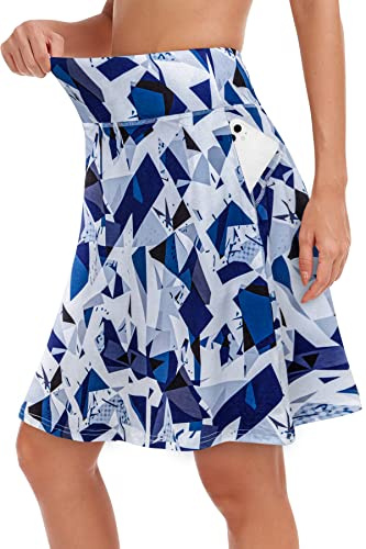 KORALHY Tennis Skirts, Knee Length Skorts Skirts Golf Skirt with Inner Shorts High Waist Blue Geometry X-Large