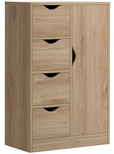 HOMCOM Bathroom Floor Cabinet, Freestanding Storage Unit with 4 Drawers and Door Cupboard for Living Room, Kitchen, Bedroom, Natural
