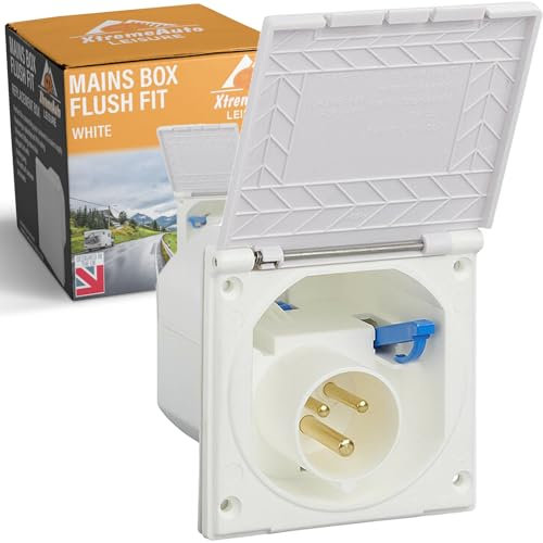 Xtremeauto 240V Mains Flush Fit Socket Box - Caravan 16 Amp Socket, Mains 16amp Campervan Inlet Hookup Cable Socket Plug, Flush To Fit Most Caravans & Campervans External 16a Sockets (White)
