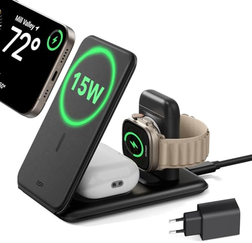 ESR 3 in 1 Ladestation Apple Watch und iPhone, 15W Zertifiziert MagSafe Ladestation mit Apple Watch-Ladegerät, Reiseladegerät für mehrere Geräte iPhone 17e/17/16/15/14/13/12/Watch/AirPods, Schwarz