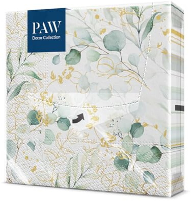 PAW - Servietten 3-lagig (33 x 33 cm) I 20 Stück I Perfekt für Geburtstage, Partys, Hochzeiten, Kommunion und Feiern I Tischdeko Elegante Papierservietten - Goldener Eucalyptus I Golden Eucaliptus
