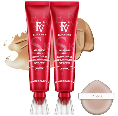 FV 2 PCS Wasserfester und Langanhaltend Foundation, Ölkontrollierende Foundation Makeup mit Mattem Finish und Mittlerer Deckkraft für Fettige/Normale Haut, 30g, Toffee