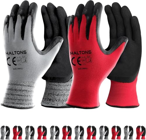 Haltons Latex & Polyester Work Gloves -12 Pack - Durable Gardening Gloves for Women, Snug Fit Non-Slip Safety Glove, Perfect for Outdoor Work, Lawn Care & DIY Tasks Small
