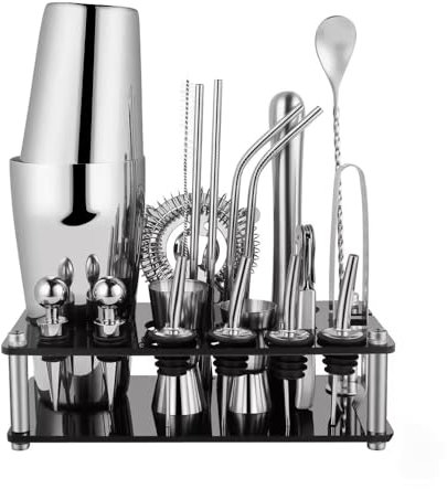 Bartender Cocktail Mixing Kit, Silver Barware Set, Professional Bar Tools with Bottle Opener and Shaker