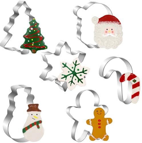 Large Christmas Cookie Cutters Set, 6 Pcs Large Holiday Cookie Cutters Shapes - Christmas Tree, Snowman, Gingerbread Man, Snowflake, Candy Cane, Santa Face Stainless Steel Holiday Cookies Molds