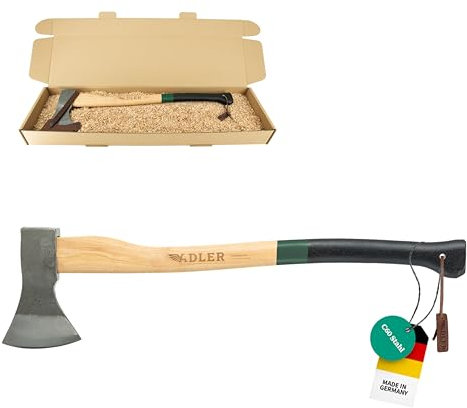 ADLER Rheinlandaxt inkl. Lederschutz: Geschmiedete Axt zum Bäume fällen, Entasten und Holz spalten, Holzaxt mit C60-Stahlkopf & 70 cm Hickory-Stiel, große Allround-Forstaxt, Grün/schwarz, 1250 g
