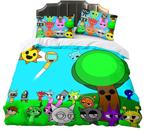 Jilijia Sprunki Bedding - Juego de ropa de cama de 3 piezas, 1 funda de edredón y 2 fundas de almohada, juego de ropa de cama de juego de terror súper suave y ligero de Sprunki Merch