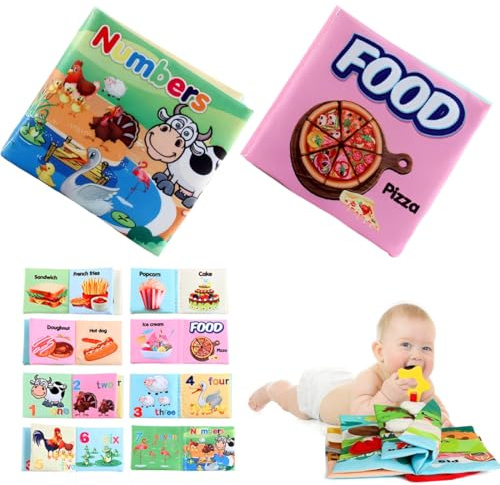 Libri di Stoffa Neonati 0-6 mesi, 2 Pezzi Libri Stoffa per Neonati - Cibo e pollame Libri sensoriali,Libro Interattivo 0-6 Mesi Giochi da Passeggino