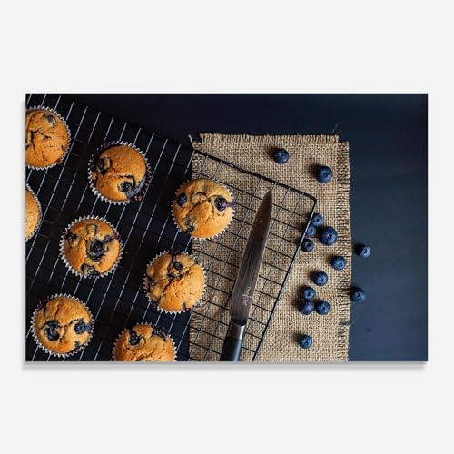 ARTHUB® Crédence de Cuisine en Verre 50x70 cm, Blueberry Muffins Dessert | Protection Contre Les éclaboussures, Revêtement Mural en Carreaux, Plaque en Verre, Verre trempé, Aliments, Bonbons