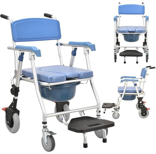vanenferse Sedia Doccia con Rotelle, Sedia Comoda WC per Anziani, 3-in-1 Sedia a Rotelle per Anziani con WC, Sedia Doccia/WC Anziani Pieghevole con Braccioli E Poggiapiedi, Portata Fino a 150 kg