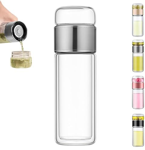 Glass Infuser, 3-in-1 Smart Tea Infuser, Leak-Proof Tea Maker Bottle with Dual Chamber & Filter Double-Walled Glass Portable Infusible Teas Cup Teapot for Loose Leaf (Silver,280ml)