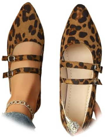 Mary Jane - Zapatos planos de leopardo para mujer, cómodos zapatos de ante con puntera punteada y hebilla ajustable