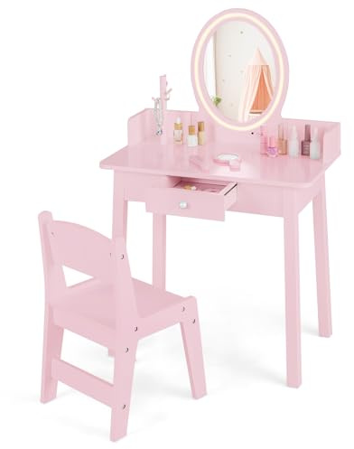 COSTWAY Kids Vanity Table and Stool Set, Princess Makeup Dressing Tables with 2-Color LED Lights Mirror, Tree-Shaped Jewelry Organizer, Drawer, Children Study Desk for Playroom Bedroom (Dusty Pink)