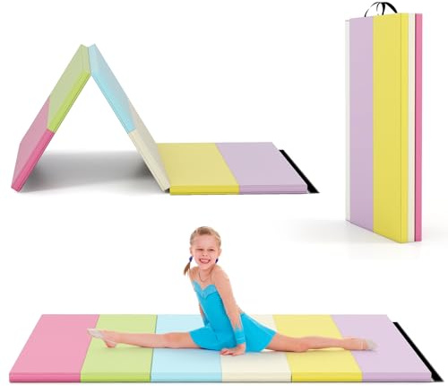 FANTASK Klappbare Weichbodenmatte, 180 x 120cm, Fitnessmatte aus PU 3 fach faltbar, Weichbodenmatte mit Tragegriff, Sportmatte Spielmatte zuhause für Kinder Erwachsene, Macaron