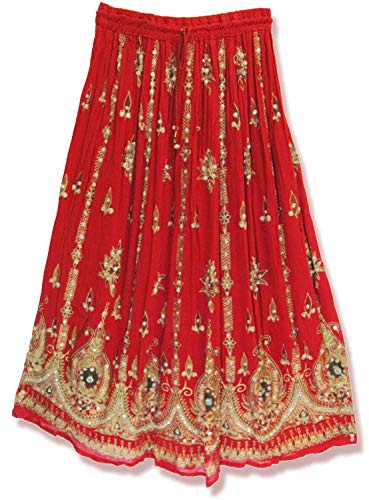 Radhykrishnafashions tie dye Yoga Women's Sequined Crinkle Broomstick Gypsy Long Skirt (Parrot Color) (Red)