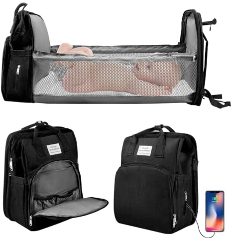 Sac a Langer a Dos avec Sacs à Langer Lit Grande Capacité, Grande Sac à Couches avec Matelas à Langer,sac à Dos pour lit Bébé,sac de Voyage avec Lit Pliable et Pare-Soleil (noir)
