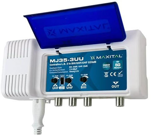 Centralino a Larga Banda autoalimentato con 3 ingressi (BIII, UHF, UHF) e guadagno di 35dB con livello di uscita pari a 114dBµV.
