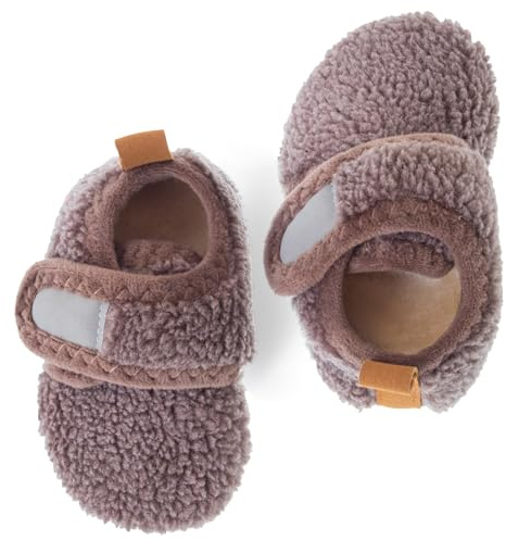 Dream Bridge Kids Velcro Sherpa Fleece Slippers with Anti-Slip Sole for Boys Girls Brown,5 UK Child