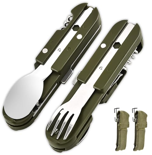 2er-Pack Campingbesteck Klappbesteck, Edelstahl Besteck 5 in 1 Klappbesteck Flaschenöffner Campingbesteck als Messer Gabel Löffel Set Outdoor, Tragbares Besteck