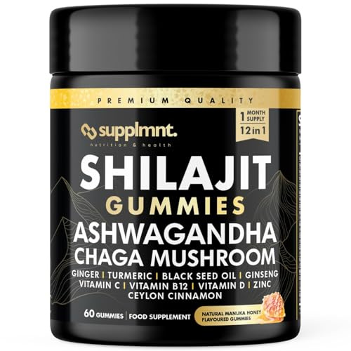 Supplmnt. NEW Reduced Sugar Coating 3000mg of Shilajit Gummies with 1500mg of Ashwagandha, Chaga Mushroom, Ginger, Turmeric, Black Seed Oil, Ginseng, Vitamins C, B12, D, Zinc, Ceylon Cinnamon