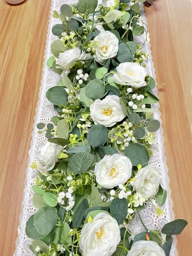 Aoztio 2 Guirnaldas Florales Artificiales de 1.8 Metros, Guirnalda de Flores Artificiales de Eucalipto con Rosas Blancas, Guirlanda Vegetal Realista para Decoración de Hogar, Mesas, Jardines, Bodas