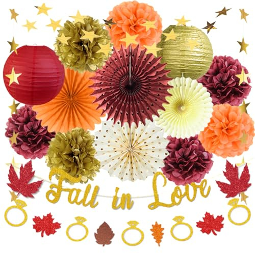 Fall In love Bridal Shower Decorations Autumn Gold Ring Maple Leaves Garland Orange Burgundy Paper Fans Paper Pom Poms for Autumn Bride To Be Bachelorette Weddding Engagement Party Decor