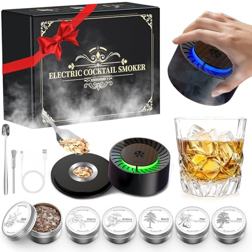 RIZENCE Electric Whiskey Smoker Kit with 6 Flavors of Natural Wood Chips, Rechargeable Cocktail Smoker Set Built-In Lighter No Butane Needed, Whisky Smoke Kit Gift Set for Men Dad Husband Boyfriend
