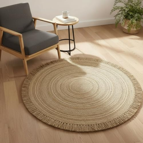FURNISHFUL FINESSE Hand Woven Jute Round Rug, Natural Reversible Boho Area Rugs for Entryway, Kitchen, Living Room I Farmhouse Indoor Outdoor Decorative Floor Rug - 4 Feet, Circular