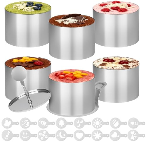 6 Pieza Anillos para Tartas, con Elevador y Apisonador, 16 Pieza Molde de Patrón de Café, 7.5 cm Aro Emplatar, Moldes para Mousse, para Cocina Fiesta Cumpleaños
