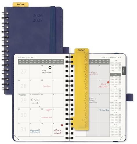 POPRUN Agenda Månadskalender 2026 2027 Pocket 16 x 10,5 cm, Juli'26 - Dec'27, 18 Månader, Liten A6 Kalender, Mjuk Spiralbindning, Linjal, Papper 100 gsm,Marineblå
