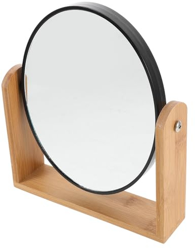 PAMINGONO Bambus Kosmetikspiegel mit 3-facher Vergrößerung und 360° Drehbarem Standfuß Runder Doppelseitiger Schminkspiegel aus Glas und Metall für Badezimmer und Schreibtisch