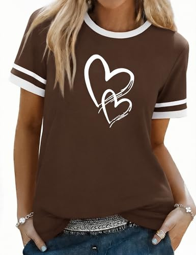 Aottori Camiseta Mujer Verano Algodon Cuello Redondo Manga Corta T-Shirt Suelto con Estampado Top Casual Basicas Camisetas Marrón S
