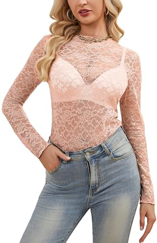 Totatuit Womens Pink Mesh Top Lace Long Sleeve Blouse Cute Transparent Top