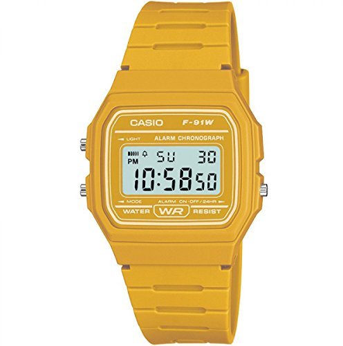 Casio Unisex Quartz Armbanduhr, 37.00mm GehäusegröÃŸe mit LCD digital Zifferblatt und gelb Plastic/Resin Strap Armband F-91WC-9AEF